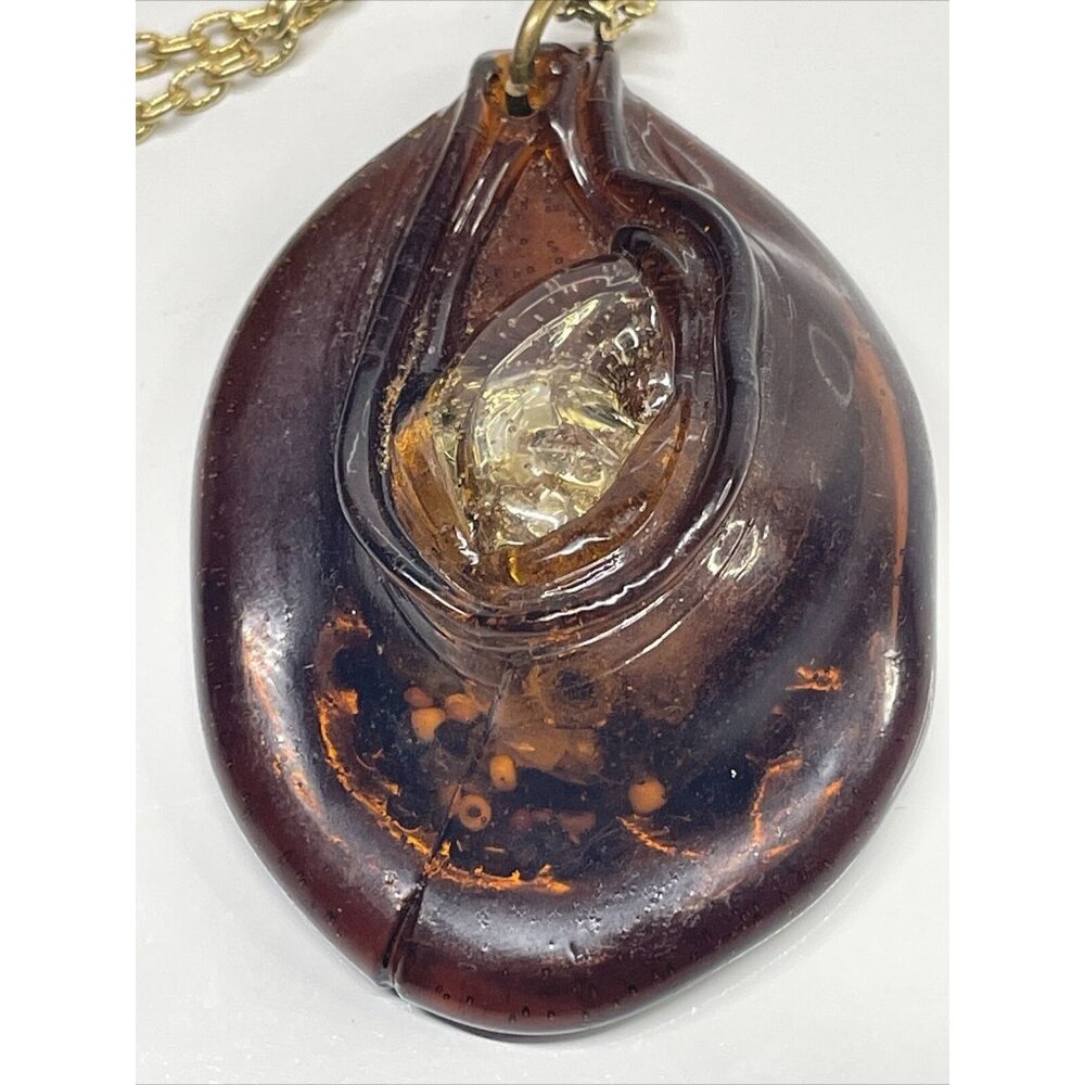 Unique Faux Amber Plastic Pendant Necklace w/ beads embedded 24” Gold Tone Chain - Picture 2 of 9
